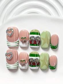 10pcs Sweet Personalized Handmade Nail Art Set, Including Gel Nail Kit, 3D Heart, Cherry And Bow Nail Decorations, Striped, Star Nail Decors, Green, Red And White Nail Polish, Chic Color Block Style, With Nail Tools (1 Jelly Sticker + 1 Nail File). 3 Sizes Available: Square, Short Square, Almond. Suitable For Party, Daily, Party, Photography, Spring/Summer Commute Press On Nails - 彩色 - 查看 4