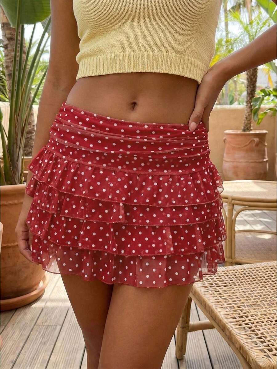 Women's Summer Mini Skirt Casual Stylish Dot Print Layered Ruffled Mid Rise Short Skirt - Red - View 1