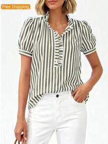 Puff Sleeve Striped Ruffle Blouse V Neck Button Front Summer Top Chic Casual Work Office Outfit For Women - Green - View 6
