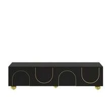 TV Stand, Low Model With Textured Doors, Gold Decorations, Round Gold Legs, Includes Shelves And Push-To-Open Mechanism. - 黑色 - 查看 10