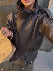 Chaqueta de cuero de mujer de estilo europeo minimalista, con textura de litchi versátil, nueva colección de otoño/invierno de Seelio - Marrón - Ver 5