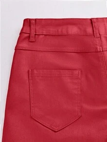 Pantalones elásticos de cintura alta con botones, bolsillos en diagonal y piel sintética, pantalones casuales para festivales de música, fiestas, Navidad, Halloween, otoño/invierno - Rojo - Ver 8