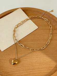 1 pieza Collar con colgante de corazón de doble capa romántico - Amarillo Oro - Ver 2