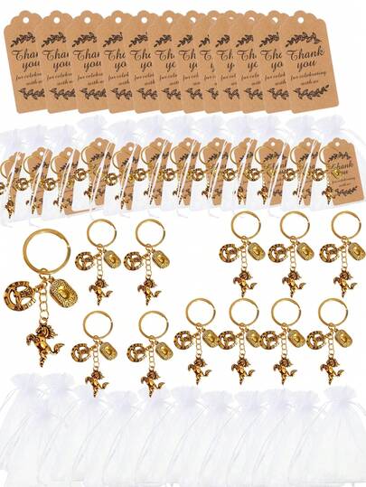 Bộ 1/6/12 móc khóa phong cách cao bồi cổ điển kèm túi vải organza trắng trong suốt và thẻ cảm ơn bằng giấy kraft - Mặt dây chuyền hình mũ ngựa và ủng cao bồi, thích hợp làm quà tặng sinh nhật và quà lưu niệm cho các bữa tiệc.