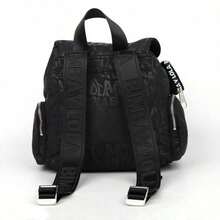 Letter Embossed PU Backpack With Drawstring Flap & Side Pockets, Fits 12" Laptop, Practical For Commuting, Travel & School - 黑色圓標 - 查看 4