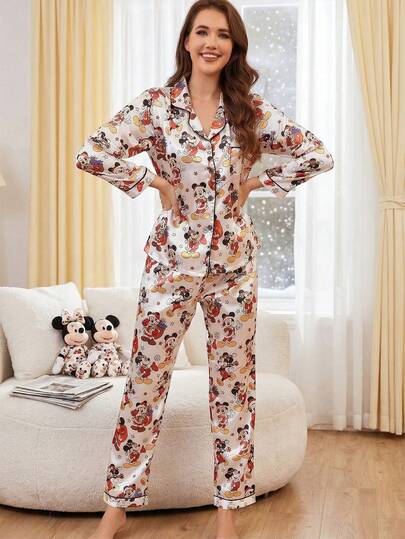 Disney 2pcs Cartoon Print Comfortable Satin Casual Button-Up Long Sleeve Top And Elastic Waist Long Pants Women Pajama Set, Soft & Breathable Fabric, Suitable For All Seasons