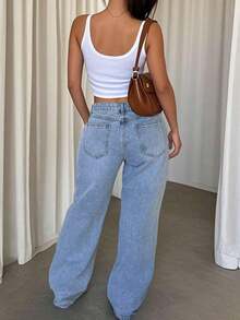 Vintage Blue Loose Wide-Leg Jeans For Women, New Loose Fit Straight Leg Pants, Suitable For Holidays, Festivals, Denim Outfits, Jeans, Trousers, Outings, Women's Jeans, Women's Denim Outfits, Women's Jeans, Bottoms Casual Spring - 中度洗滌 2 - 查看 4