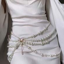 1pc European And American Style Multi-Layer Faux Pearl Chain Tassel Waist Chain, Retro Unique Design Adjustable Women Body Chain, Daily Waist Belt - White - View 1