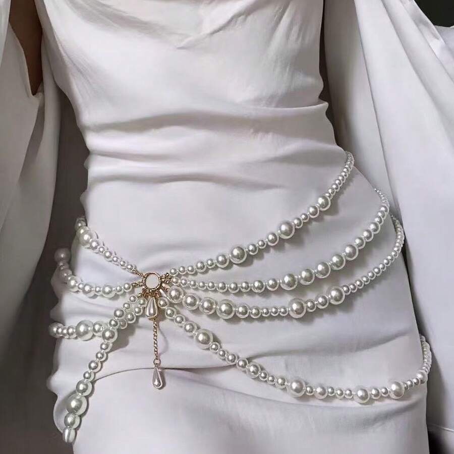 1pc European And American Style Multi-Layer Faux Pearl Chain Tassel Waist Chain, Retro Unique Design Adjustable Women Body Chain, Daily Waist Belt - White - View 1