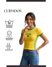 Brazil Women's Yellow T-Shirt, World Cup Ringer Tee Style, Baby Look Slim Fit, 100% Cotton, 2026 - Yellow - View 8