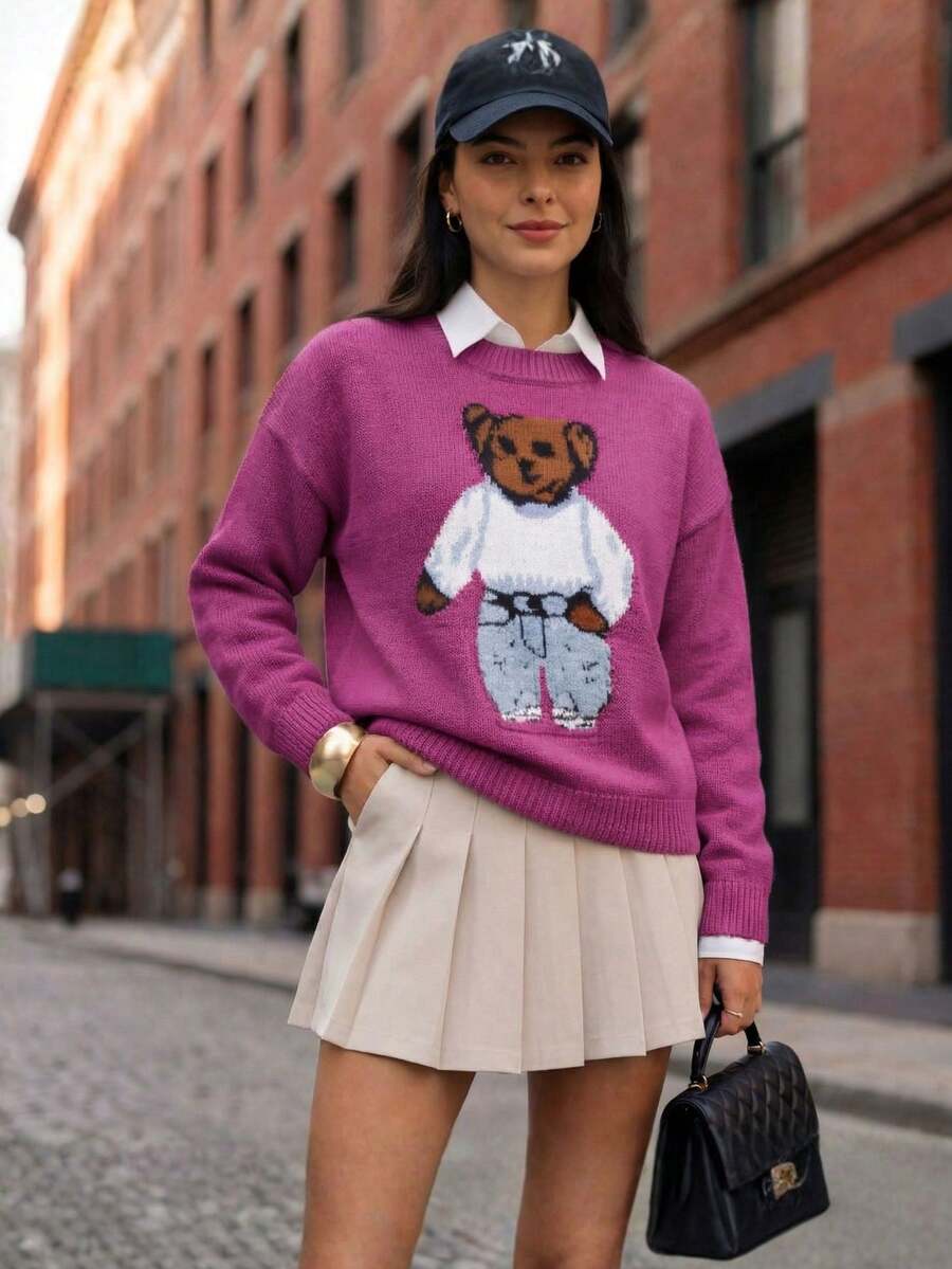 Women's Teddy Bear Knit Blouse, Long Sleeves, Winter Fashion, Ribbed Hem, Boat Neck - Màu Hồng Tươi - Xem 1