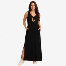 Women's Plus Size Tank Top Dress With Pocket. - 黑色 - 查看 2