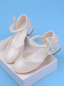 Girls' Princess Shoes White Leather Sandals Spring/Summer New High Heel Shoes With Pearl & Bow, Versatile For Party Dress Matching - White - View 9