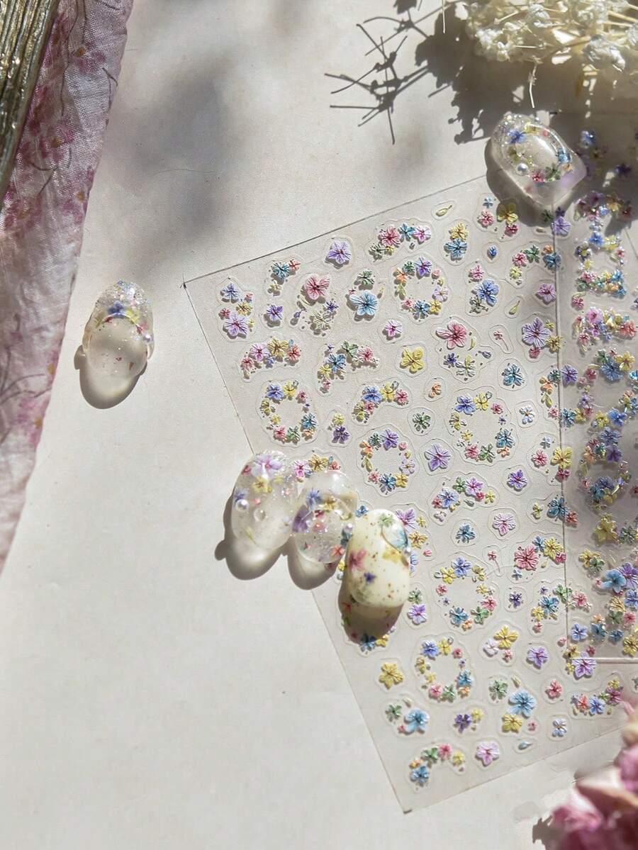 1pc Colorful Flower Wreath Decor, Wild Flower Nail Stickers, 3D Embossed Floral Nail Art Stickers, Japanese 3D Nail Decoration Accessories - Multicolor - View 1