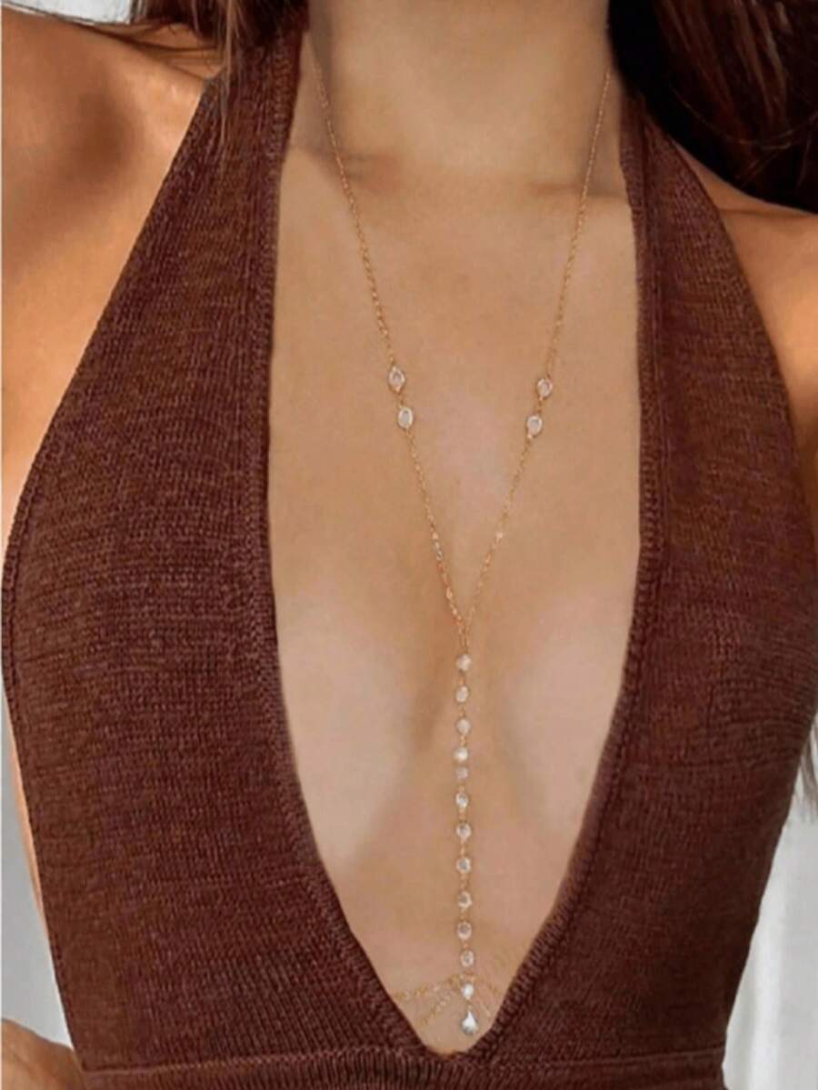 新款极简性感水钻身体链，合金扇贝吊坠金属链腰链 - 金色 - 查看 1