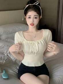 New Spring/Summer Sexy Ribbed Knit Crop Top With Drawstring, Square Neck, Fitted Silhouette - Apricot - View 6