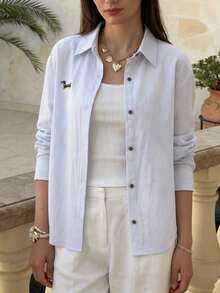 Women's Casual Woven Dolman Shirt, Collared, Button Front Spring - Baby Blue - View 4