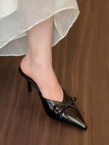 Sandalias de mujer de tacón fino y bajo con punta puntiaguda, lazo y sin talón para primavera/verano 2026 - Negro - Ver 5