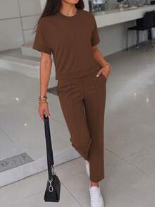 Women's Casual Comfortable Solid Color Short Sleeve Top And Elastic Waist Pocket Pants 2 Pieces Set, Soft Polyester-Spandex Fabric, Spring/Summer Elegant - Brown 90 - View 3
