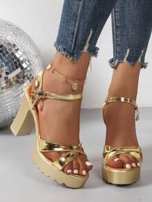 Chunky Heel Sandals Women, Cross-Strap Open Toe High Heels, Anti-Slip Serrated Sole Strap Sandals, Sexy Club Versatile Style. Cross-Strap Design, Chunky Heel, Stable And Comfortable; Crystal Pendant Decor, Suitable For Commuting, Dating, Party - Gold - View 2