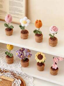 POKOJA LAND 手工编织郁金香盆栽、钩针向日葵盆栽、心形花桌面摆件、编织玫瑰花成品、勿忘我盆栽、仿真花桌面摆件、派对小礼物 - 彩色 - 查看 1