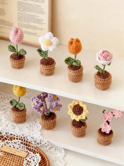 POKOJA LAND Chậu hoa tulip đan thủ công, Chậu hoa hướng dương móc, Đồ trang trí để bàn hình trái tim, Sản phẩm hoàn thiện từ hoa hồng đan, Chậu hoa lưu ly, Đồ trang trí để bàn hình hoa nhân tạo, Quà tặng nhỏ cho bữa tiệc