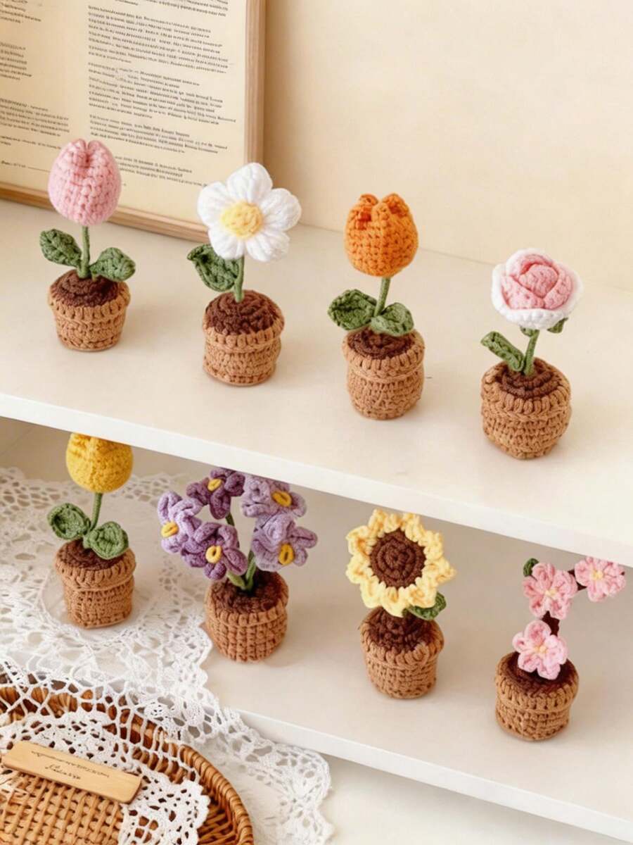 POKOJA LAND 手工编织郁金香盆栽、钩针向日葵盆栽、心形花桌面摆件、编织玫瑰花成品、勿忘我盆栽、仿真花桌面摆件、派对小礼物 - 彩色 - 查看 1