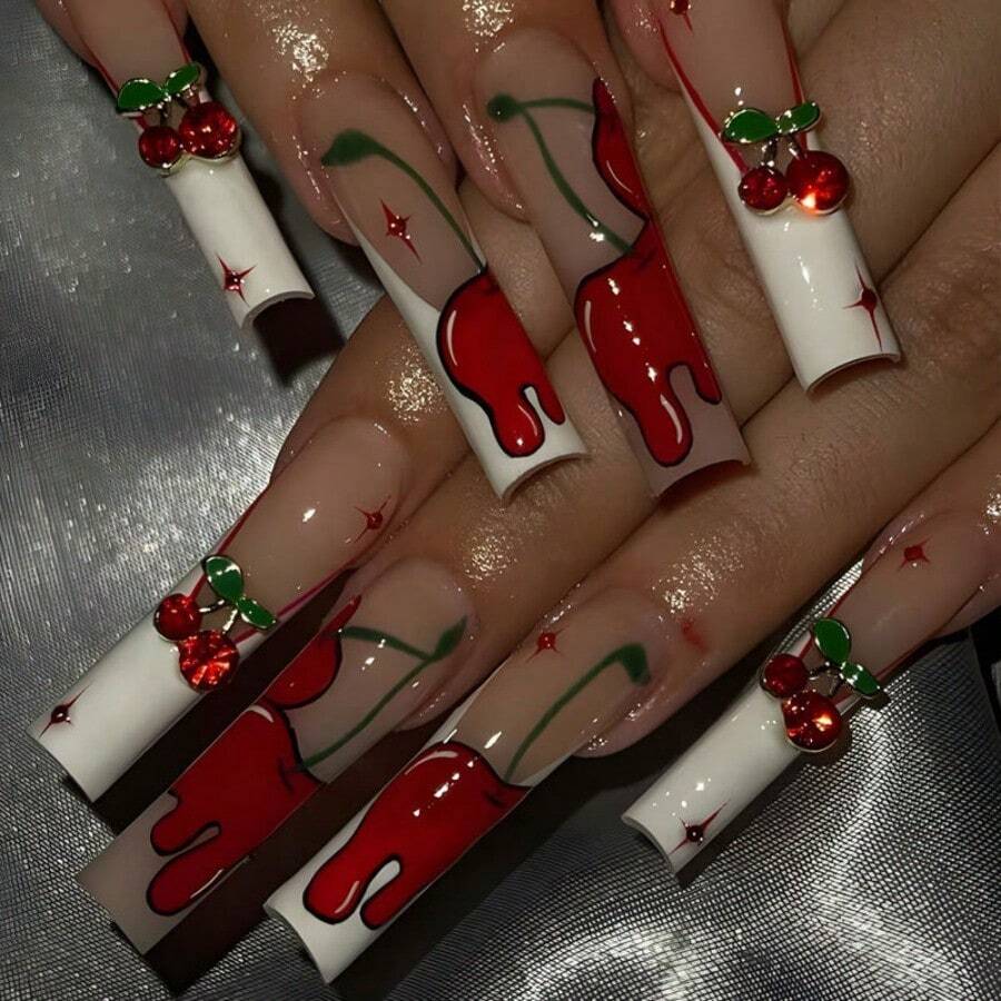 Long, White French-Style Manicure With Sweet Cherry Blossom Design – A Perfect Gift For Parties. - 紅白色 - 查看 1