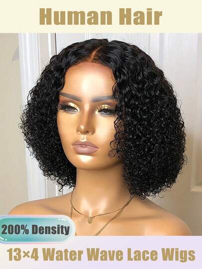 优雅非洲卷发假发，女士短款波波头假发，蓬松卷曲风格，200%密度短款卷发波波头假发 - 13x4透明蕾丝前假发，真人发，预先拔毛，带婴儿绒毛，自然逼真，女士水波纹假发，卷曲波浪蕾丝前假发，自然色，8-16英寸，湿水波纹，自然黑色卷发波波头假发，适合日常及特殊场合，活动发饰，度假发型，女士真人发短款卷发波波头假发