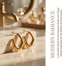 1/2/3 Pairs Stainless Steel Waterproof Hypoallergenic Fade-Resistant Unique Design Streamlined Asymmetric Geometric Earrings, European And American Fashion Metal Style Thick Hoop Stud Earrings For Women, Party Music Festival Street Style Accessories, Suitable For Vacation Style Low-Neckline Dresses And Cool Sexy Outfits, High-Quality Versatile Holiday Jewelry - Gold - View 7