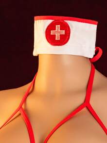 2pcs Sexy Lingerie Set - Naughty Maid Nurse Costume Romper + Nurse Cap - White - View 4