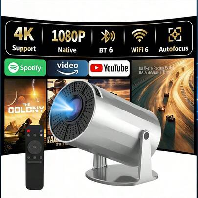 XBJ Proyector de vídeo mini 4K con enchufe UE 2026, enfoque automático, corrección trapezoidal y corrección manual | Proyector inteligente con Bluetooth 6.0 y sistema operativo Android 12.0 | Proyector pequeño para cine en casa | Proyector con wifi para una conexión fácil y rápida con smartphones en exteriores, perfecto para noches de cine en casa, series y programas de entretenimiento | Regalo ideal para Halloween, Navidad, San Valentín y vuelta al cole. Incluye mando a distancia.