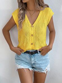 Camiseta de punto sin mangas con cuello en V, botones de diamante y hombros caídos, estilo casual y sexy para primavera/verano - Amarillo - Ver 3