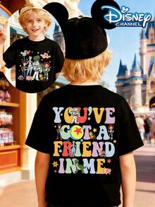 You've Got A Friend In Me,Disney Cartoon Toy Story Summer Tops, Print Graphic Tee, Perfect For Cool Boys. Teen Boy Gift,Comfortable And Breathable Children's Short-Sleeved T-Shirt. 180g Pure Cotton Children's Clothes,Suitable For Both Boys And Girls.Suitable For Daily Wear, Vacations, Outdoor Activities, And As A Children's Gift. - 黑色 - 查看 1