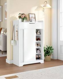HEXCELEN Shoe Cabinet, 5-Tier Shoe Rack, Adjustable Dividers, Space For 12-15 Pairs Of Shoes, 1 Large Drawer, Silver-Colored Handle, For Entryway, Hallway, 36 X 65 X 108 Cm, White - 白色 - 查看 3