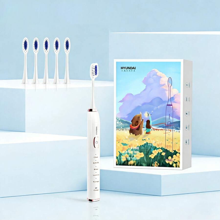 HYUNDAI 高清屏顯電動牙刷— 贈送6支刷頭！持久續航，聲波震動，家庭成人充電式軟毛牙刷（男女通用） - 白色 - 查看 1