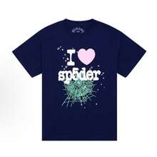 Sp5der "I Love Sp5der" Pink Heart Mint Spider Web Graphic Tee Navy Blue Unisex Streetwear T-Shirt - 藏蓝色 - 查看 4