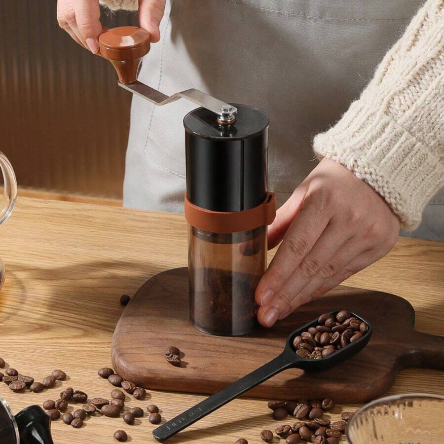 1 pieza Molinillo de café manual, estilo minimalista marrón/transparente, tolva portátil visible y ampliada, adecuado para uso doméstico, dormitorio u oficina, accesorio de café, esencial para la barra de café, vuelta al cole, Eid Al-Adha, regalo del Día de la Madre