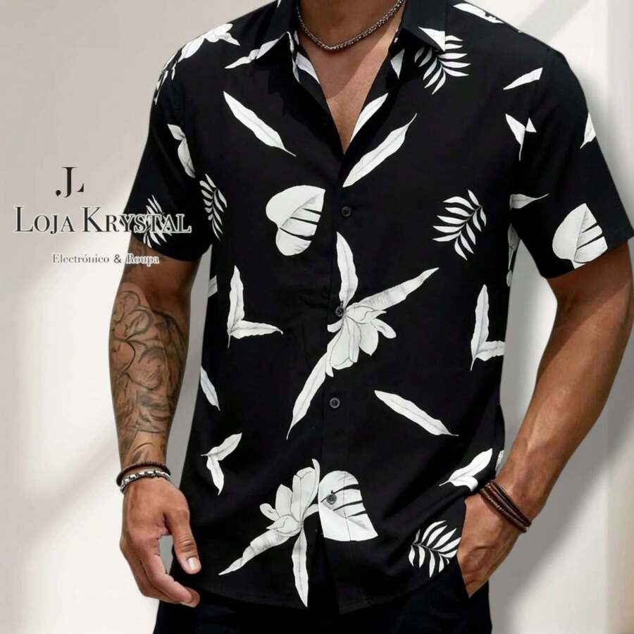 JL Men's Hawaiian Floral Beach Shirt, Short Sleeve, Button-Down, Spring And Summer - 花卉 16 - 查看 1