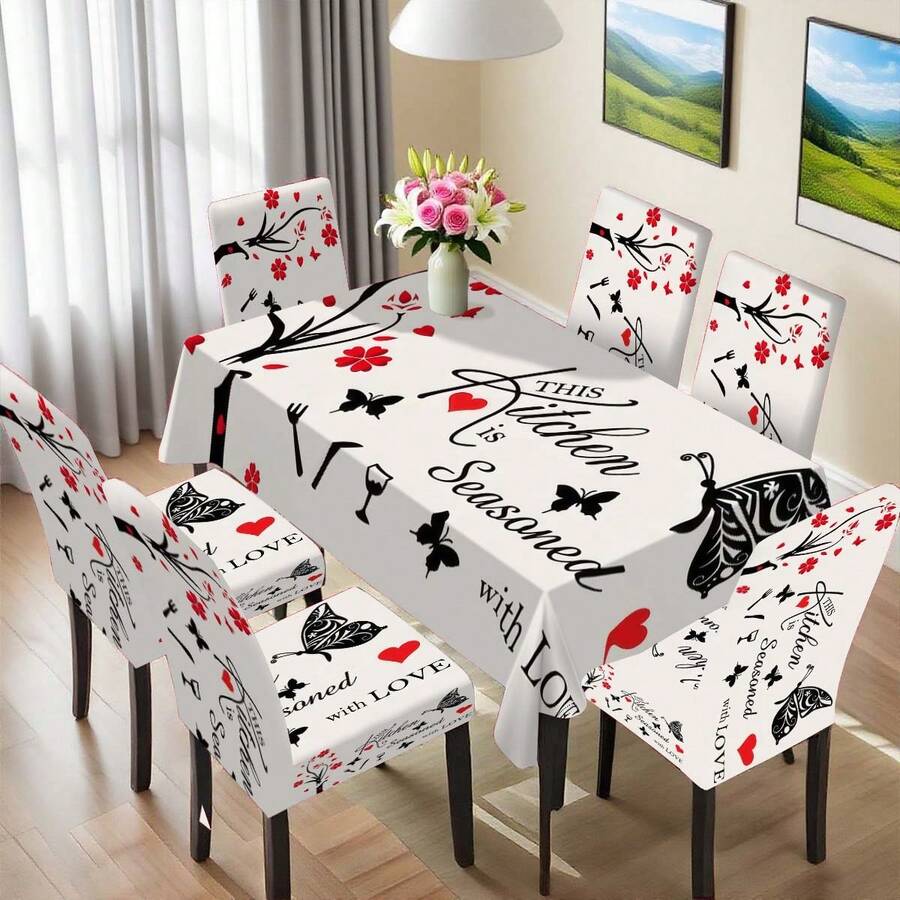 1/4/6/36pcs Set, Retro Black & White Floral Pattern & Text Decorative Series, Elastic Tablecloth & Chair Cover Combo, Suitable For Home, Kitchen, Party, Holiday Decor, Indoor/Outdoor Dining Table & Chair Decoration, Multi-Occasion All Season - Multicolor - View 1