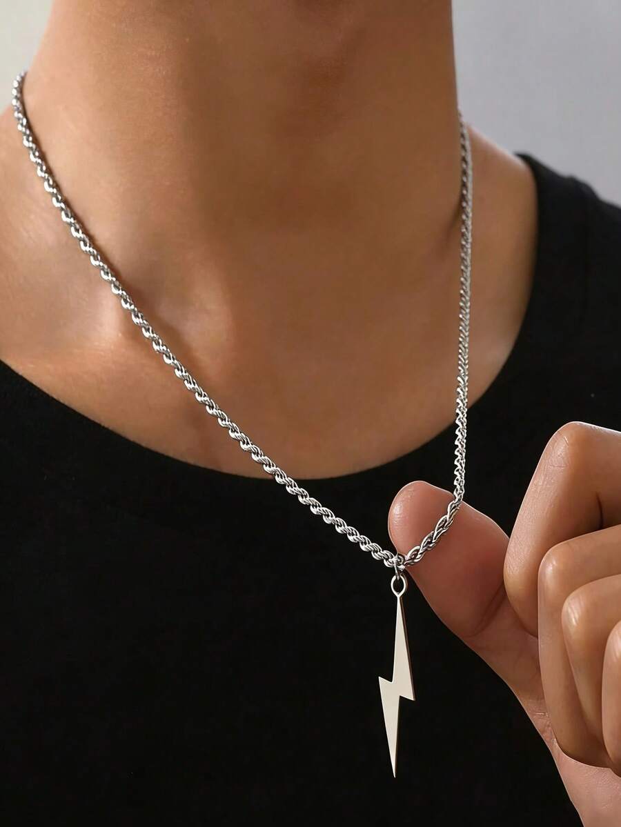 高品质银色闪电吊坠项链，不锈钢简约男女通用时尚首饰，适合日常和户外佩戴 - 銀色 - 查看 1