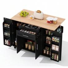 120*45cm, Mobile Kitchen Island, Kitchen Trolley, Extendable Worktop Up To 70cm, Concealed Cutlery Drawer, Adjustable Shelves, Spice Rack And Towel Rail, Suitable For Kitchen, Dining Room Or Living Room - Black - View 6