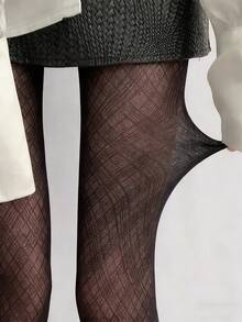 Medias negras con patrón de rombos retro, pantimedias elásticas y transpirables que estilizan, medias de red sexys - Negro - Ver 8
