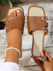 Dép lê nữ mùa hè mới, đế bằng, chống trượt, kiểu dáng thời trang, khóa vuông, chất liệu da PU, thích hợp đi biển và làm dép xăng đan. - màu nâu - Xem 4