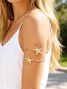 6er Set Metall Armreifen, einzigartiges Seestern Blume Schmetterling stapelbare Armreifen Set für Strandurlaub, Halloween Schmuck - 6PC Gold AT032 - Übersicht 3