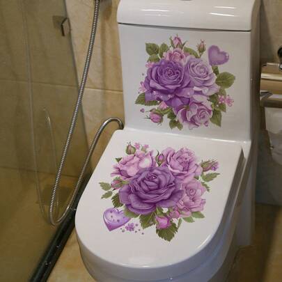 2pcs/Set Purple Rose & Heart Bathroom Toilet Stickers, Removable Floral Toilet Decals, Waterproof Romantic Bathroom Decor, Suitable For Toilet Tank And Toilet Lid