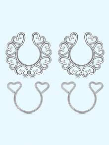 2对/套 不锈钢可调节乳夹 无穿孔可爱乳环 简约心形假乳环 女士身体饰品 - Fake Nipple Ring - 查看 2
