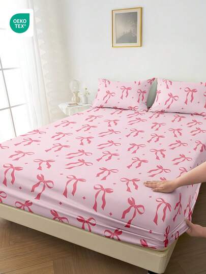 1pc Fitted Sheet, Bedding, Mattress Protector, Bed Cover, Fitted Sheet, Comfortable Home Textile, Breathable Anti-Pilling Mattress Protector, Pink Bow Pattern Bed Cover, Home Decor, Suitable For All Bed Sizes - Twin, Full, Queen, King, All Seasons, Dust-Proof Bed Cover, Excluding Pillow And Pillowcase.