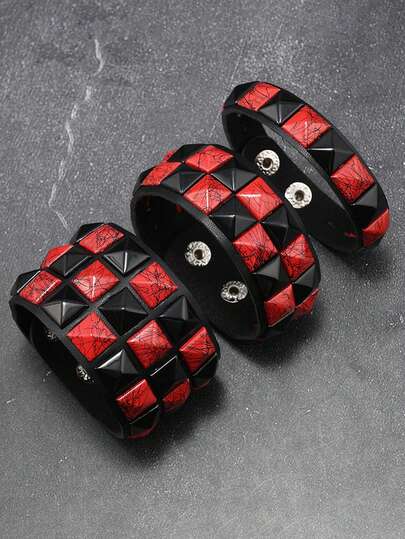 1/3 PiecesCheckered Leather Bracelet Set Black Red PU Wristband Adjustable Gothic Punk Style Halloween Accessories For Men Women