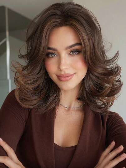 16 Inch Deep Brown Textured Wavy Short Wig, Silky Shiny Women's Wig, Warm Dark Brown Curly Hair, Medium Length Smooth Wavy Wig, Loose Textured Hairstyle Wig, Casual Street Style Wig, Office Professional Hairstyle Wig
